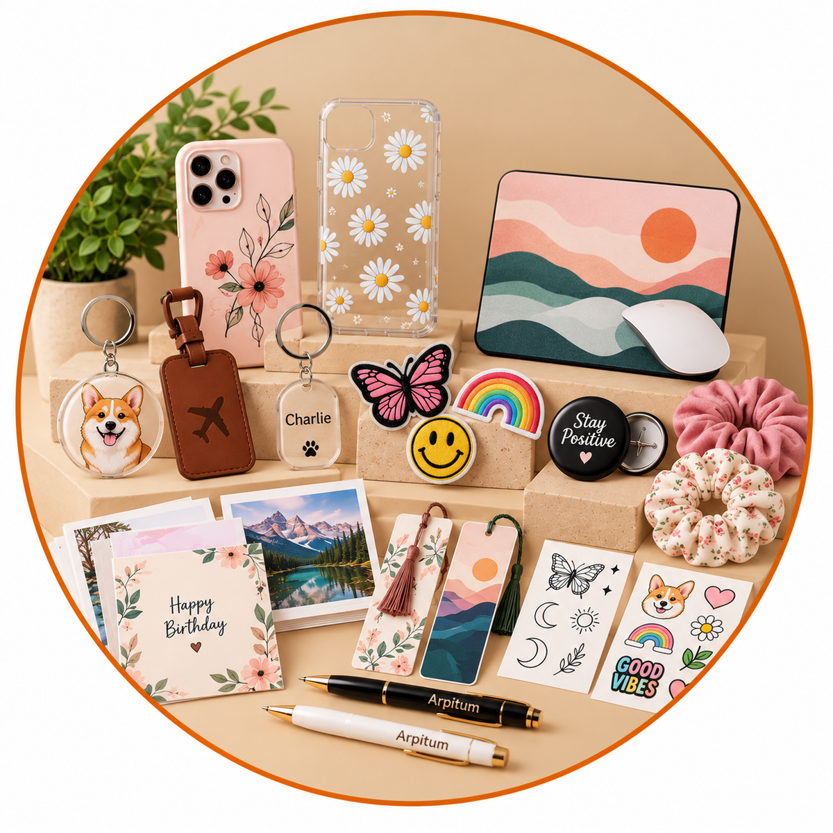ARPITUM accessories featuring floral phone cases, mouse pad, keychains, scrunchies, bookmarks, stickers, greeting cards and personalized pens