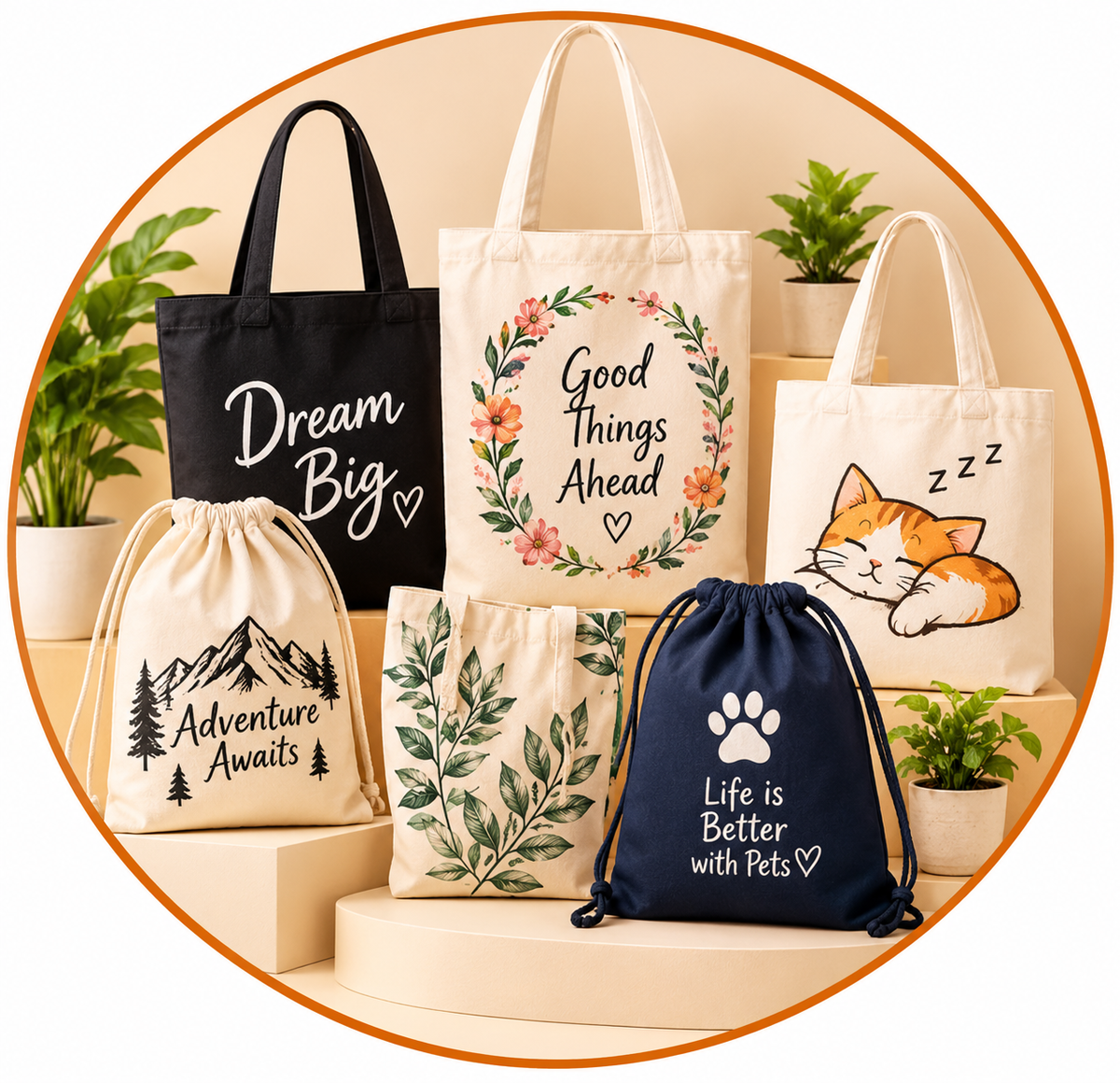 ARPITUM Bags Collection featuring canvas tote bags and drawstring bags with floral, pet and mountain prints in neutral colours