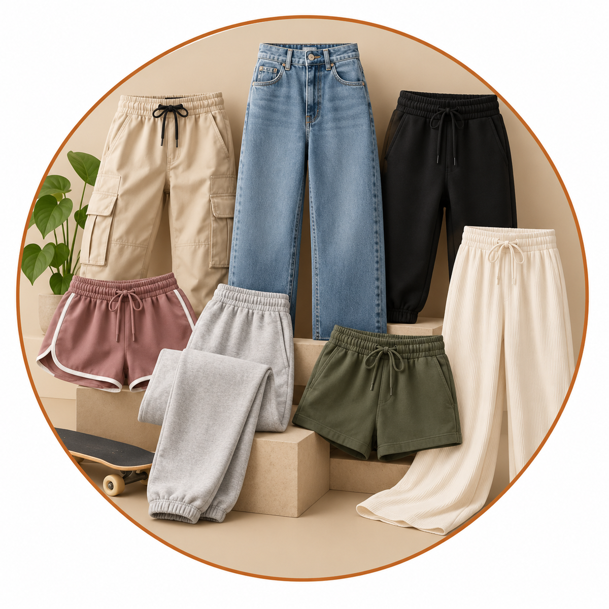 ARPITUM Bottom Wear Collection featuring beige cargo pants, blue jeans, black joggers, dusty pink sports shorts, grey sweatpants, olive shorts and cream lounge pants arranged against a beige circular studio backdrop