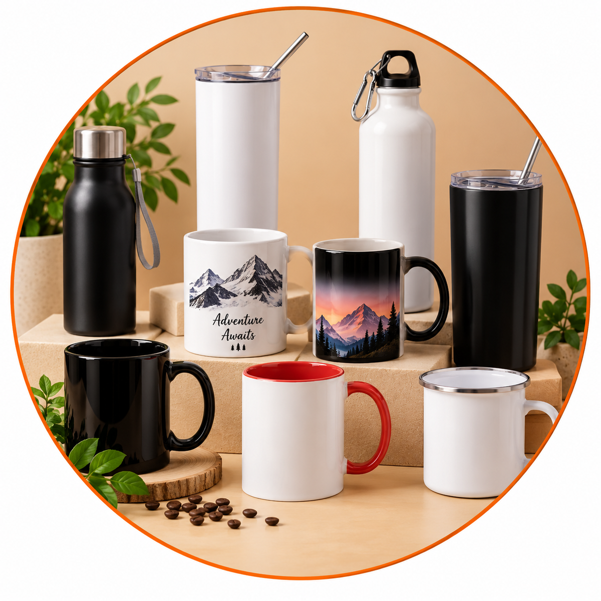 ARPITUM Drinkware Collection featuring black and white coffee mugs, a red handle mug, printed ceramic mugs, steel water bottles and tumblers