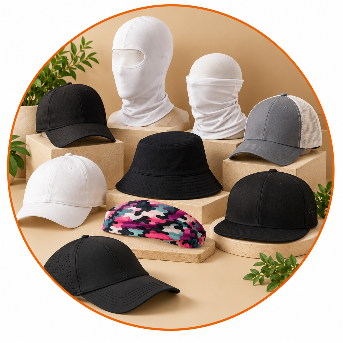 ARPITUM Headwear Collection featuring black and white baseball caps, a bucket hat, snapback, trucker cap, balaclava, face bandana and printed headband