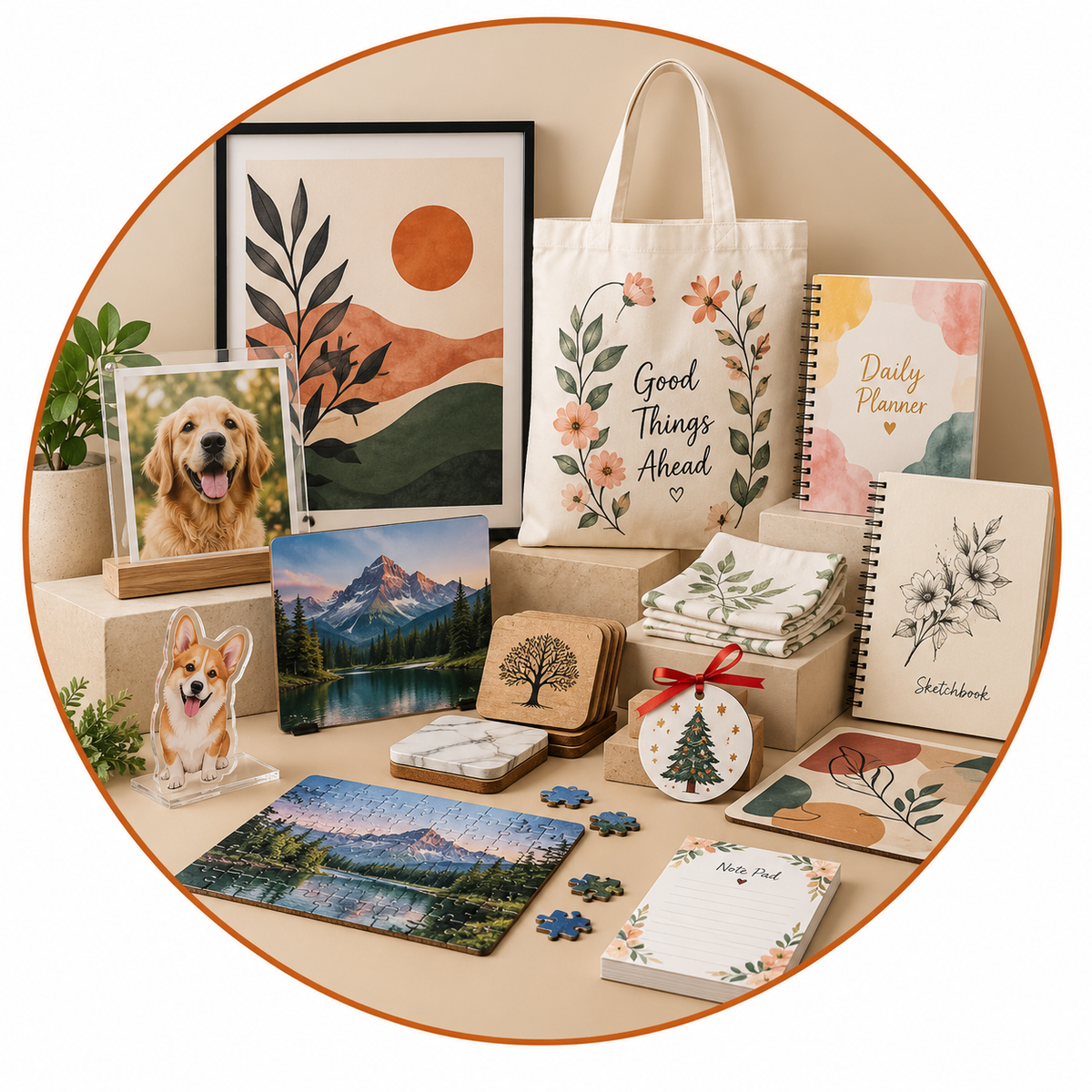 ARPITUM Accessories and Lifestyle Collection featuring a framed artwork, acrylic pet photo frame, mountain landscape print, daily planner, sketchbook, coasters, Christmas ornament, jigsaw puzzle and botanical notepad arranged on beige display platforms