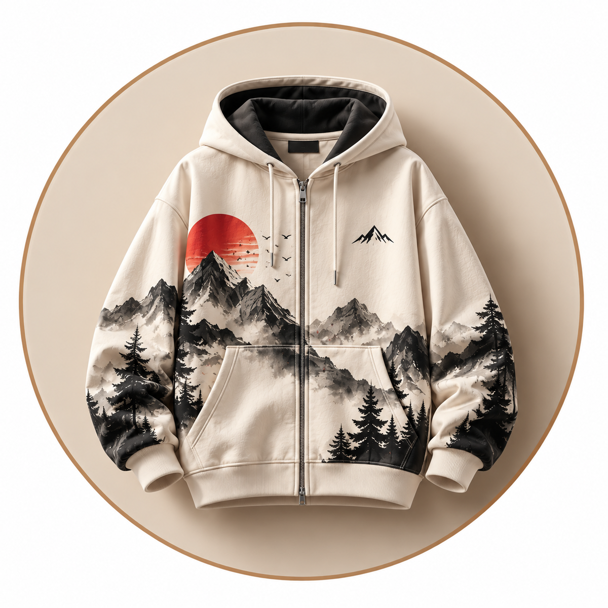 ARPITUM oversized cream zip-up hoodie featuring a Japanese-inspired mountain landscape print, red sun, pine trees and monochrome artwork, displayed on a beige circular studio background