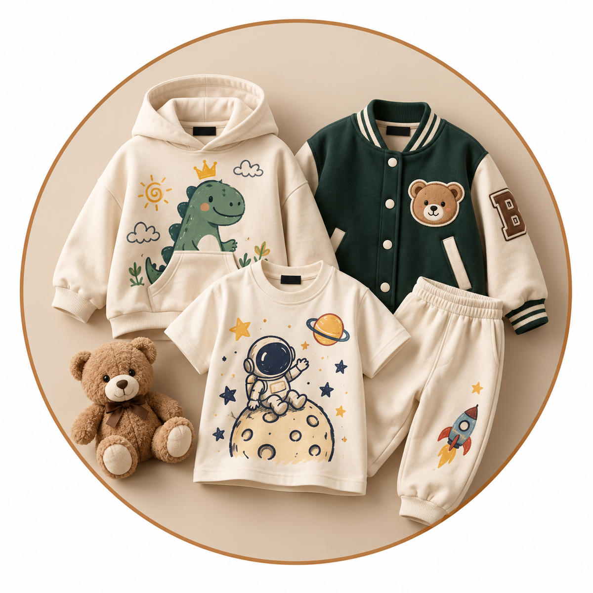 ARPITUM Kids Clothing Collection featuring a cream dinosaur hoodie, forest-green varsity jacket, playful astronaut graphic T-shirt and matching joggers in a premium beige studio setting