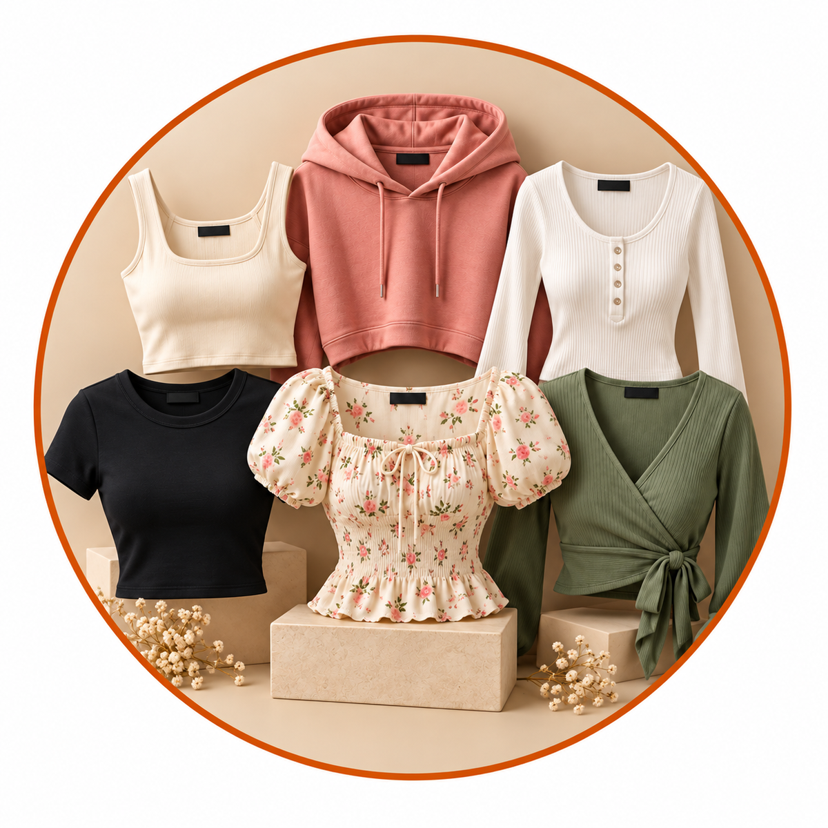 ARPITUM Top Wear Collection featuring a cream cropped tank top, dusty rose hoodie, ivory ribbed long-sleeve top, black crop tee, floral puff-sleeve blouse and sage green wrap top arranged against a beige circular backdrop