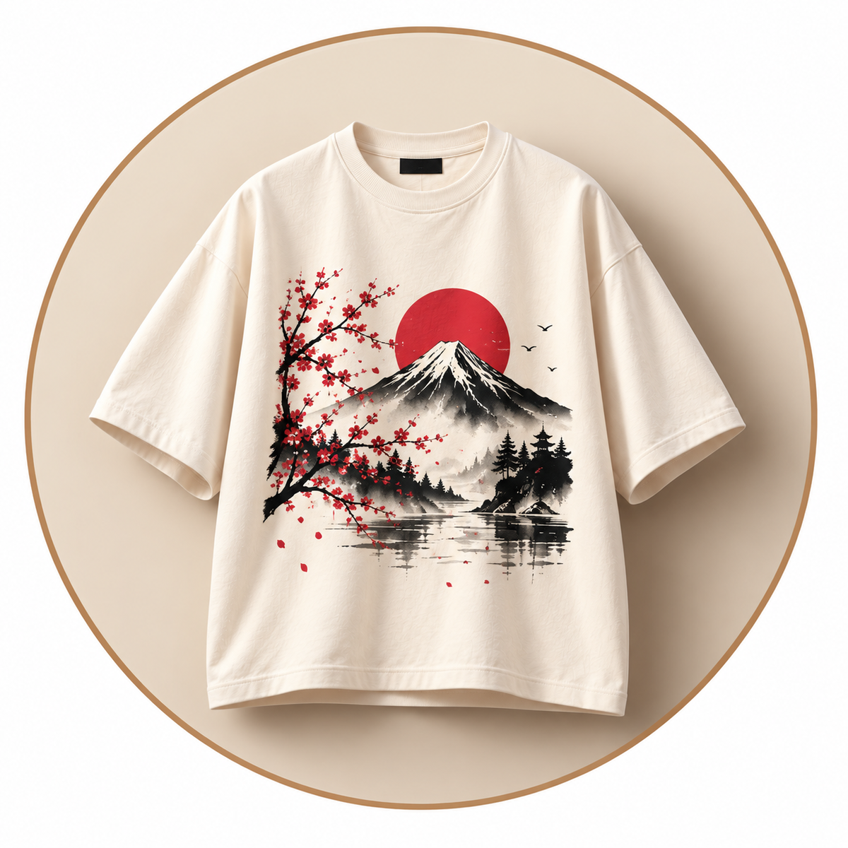 Cream oversized T-shirt with Japanese-inspired mountain landscape print, red sun and black ink artwork, displayed against a beige circular studio backdrop