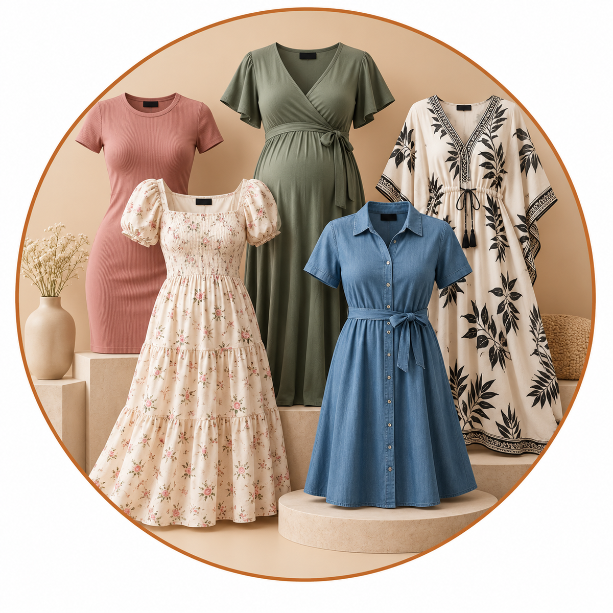 ARPITUM Dresses Collection featuring a dusty rose fitted dress, floral cream maxi dress, sage green maternity wrap dress, blue shirt dress and printed cream kaftan arranged against a beige circular studio backdrop