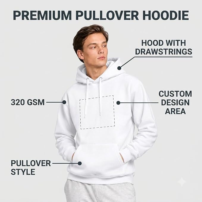 Arpitum Custom Unisex Non-Zipper Pullover Hoodie – 320 GSM Cotton-Loopknit, White