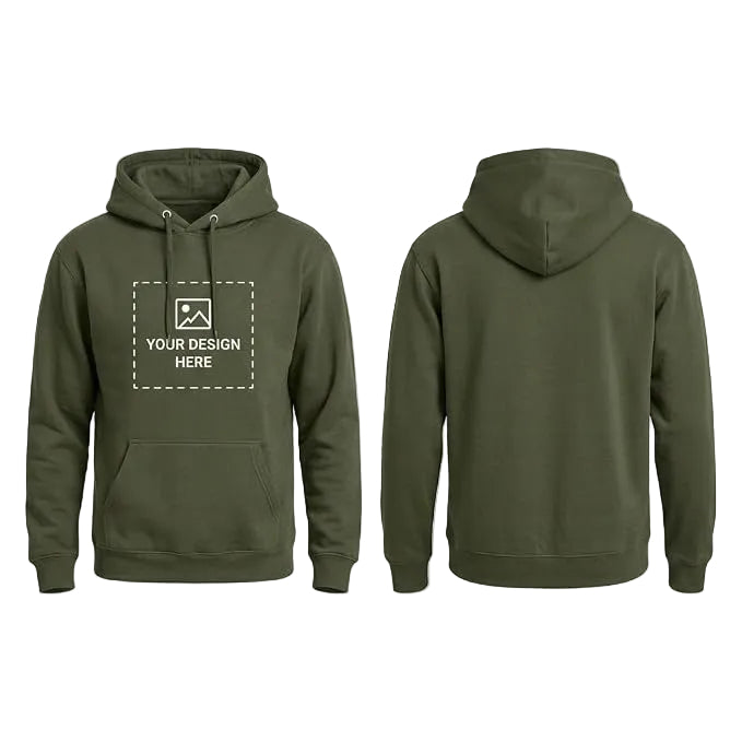 Army Green Customized Unisex Hoodie Showing Front Design Placement and Plain Back