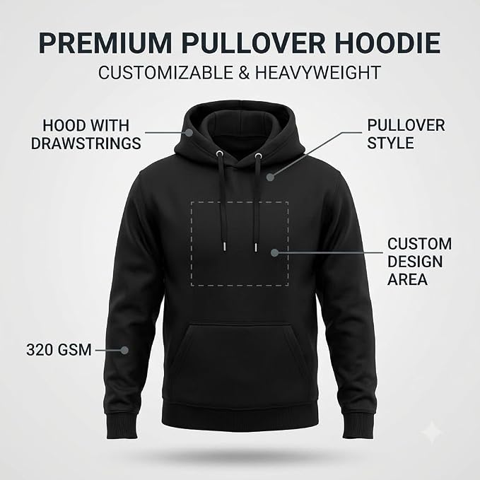 Arpitum Custom Unisex Non-Zipper Pullover Hoodie – 320 GSM Cotton-Loopknit, Black