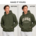 Arpitum Custom Army Green Hoodie Before and After Personalization with Printed Los Angeles Artwork on the Front