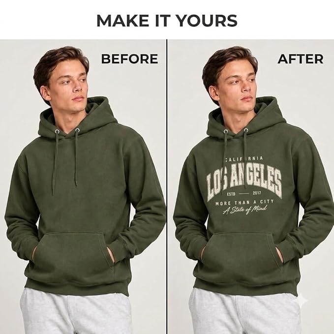 Arpitum Custom Army Green Hoodie Before and After Personalization with Printed Los Angeles Artwork on the Front