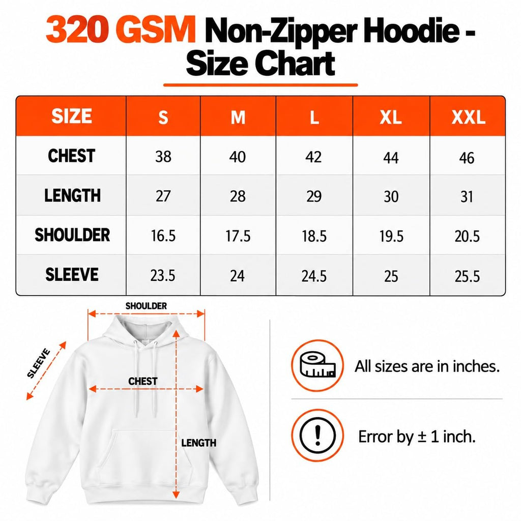 320 GSM Army Green Hoodie Size Chart in Inches for S, M, L, XL and XXL with Chest, Length, Shoulder and Sleeve Measurements