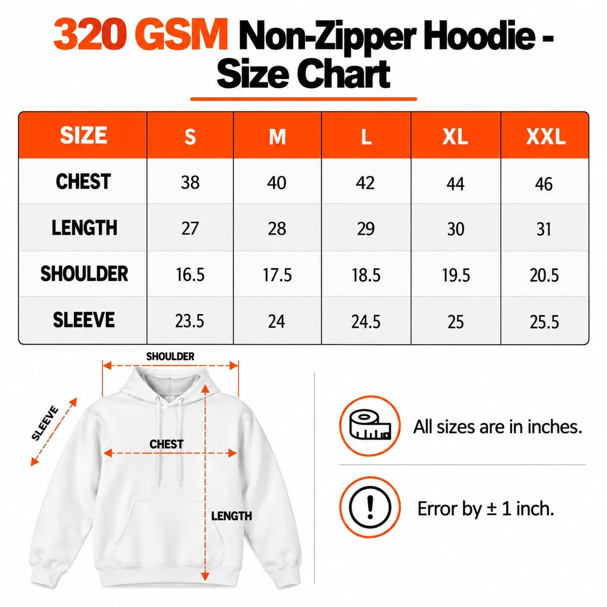 320 GSM Army Green Hoodie Size Chart in Inches for S, M, L, XL and XXL with Chest, Length, Shoulder and Sleeve Measurements