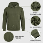 Army Green 320 GSM Hoodie Showing Loopknit Fabric, Drawstrings, Kangaroo Pocket and Ribbed Cuffs