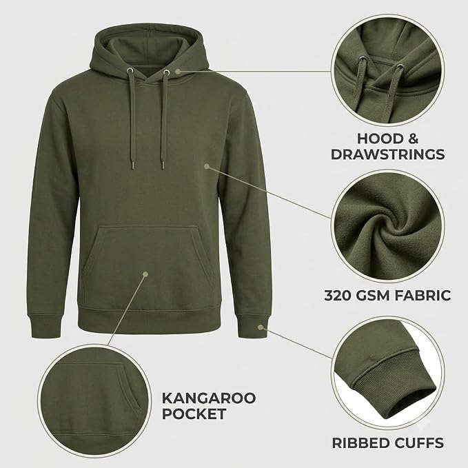 Army Green 320 GSM Hoodie Showing Loopknit Fabric, Drawstrings, Kangaroo Pocket and Ribbed Cuffs