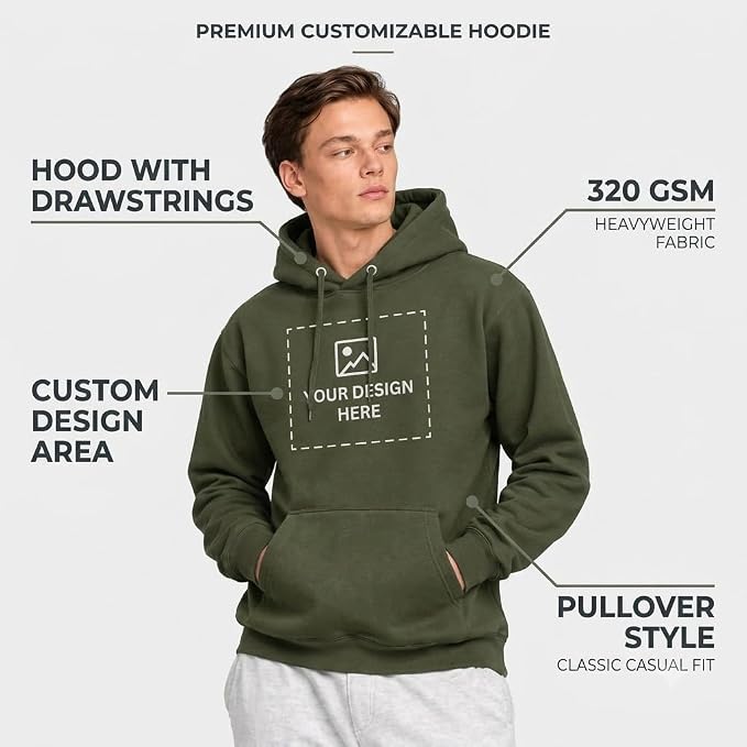 Arpitum 320 GSM Army Green Hoodie Featuring Drawstring Hood, Custom Design Area and Pullover Style