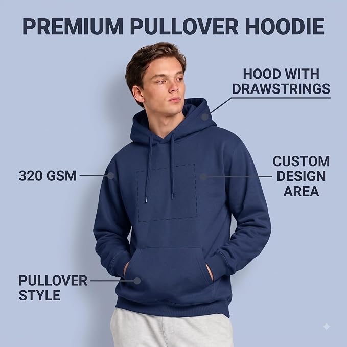 Arpitum Custom Unisex Non-Zipper Pullover Hoodie – 320 GSM Cotton-Loopknit, Navy Blue