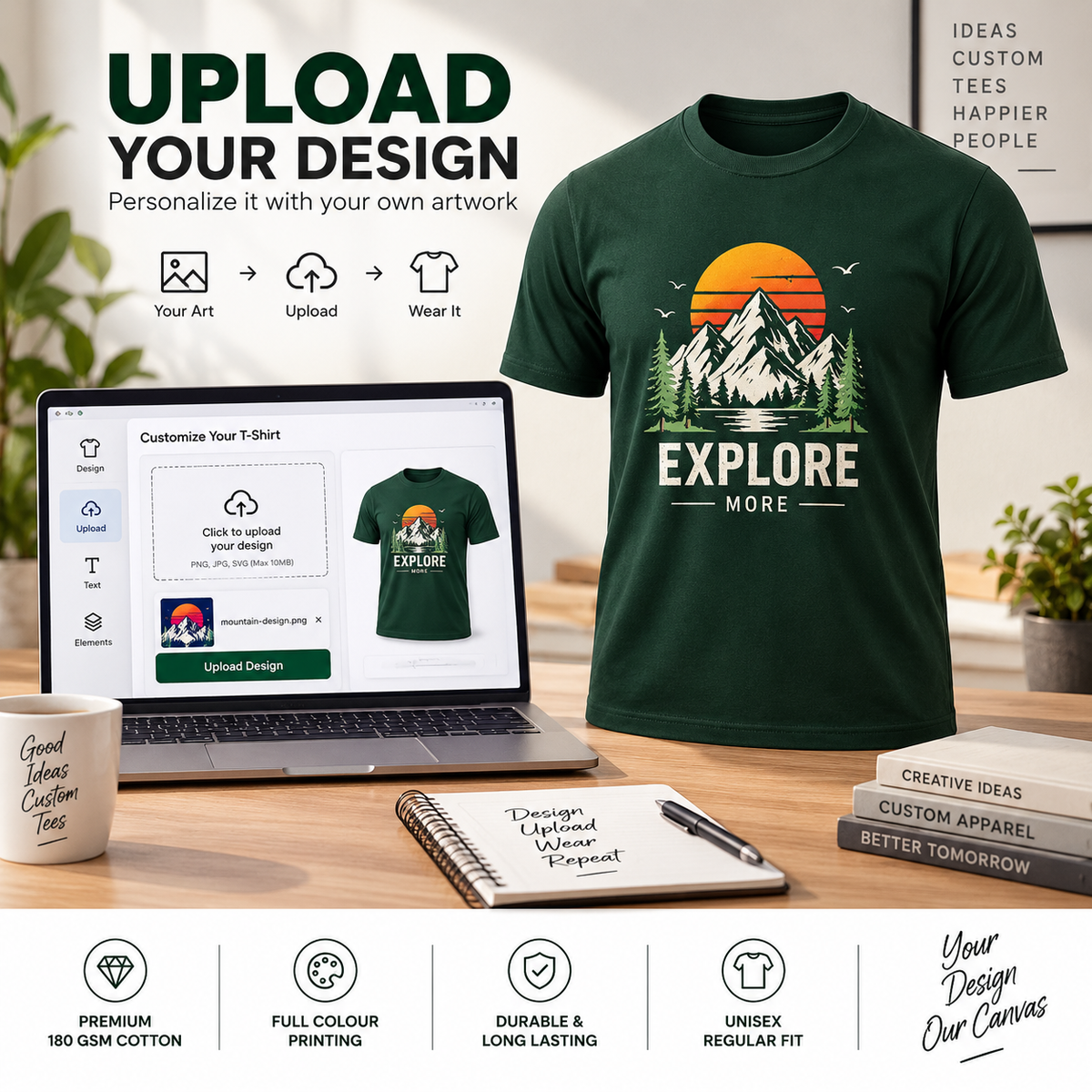 ARPITUM Unisex Customized Bottle Green T-Shirt - Personalize with Your Own Design/Artwork/Image