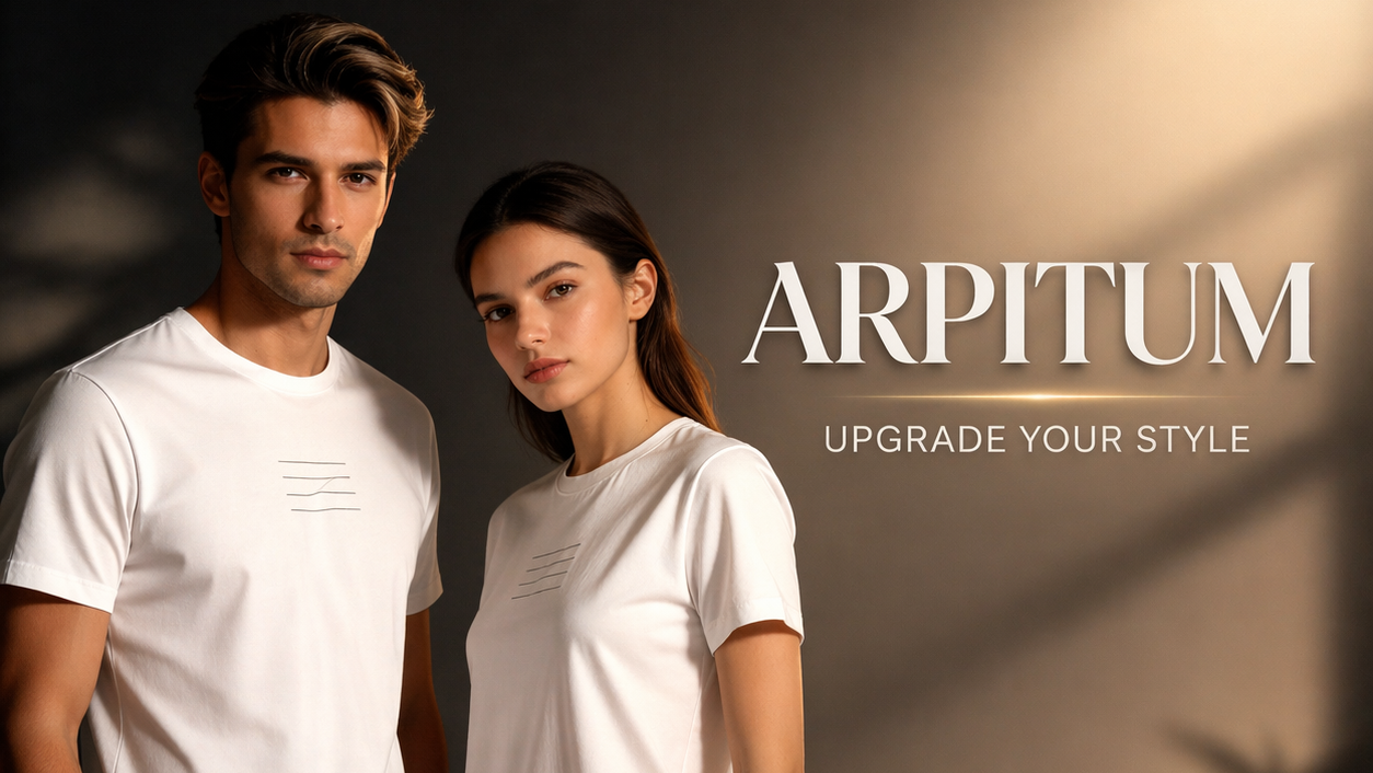Two people wearing white t-shirts with 'ARPITUM' brand name on a dark background