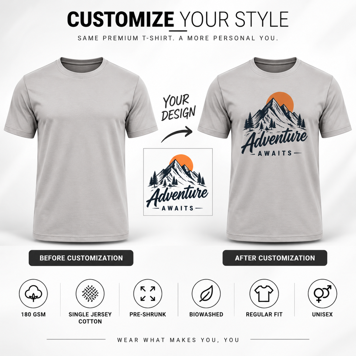 ARPITUM Unisex Customized Grey T-Shirt - Personalize with Your Own Design/Artwork/Image