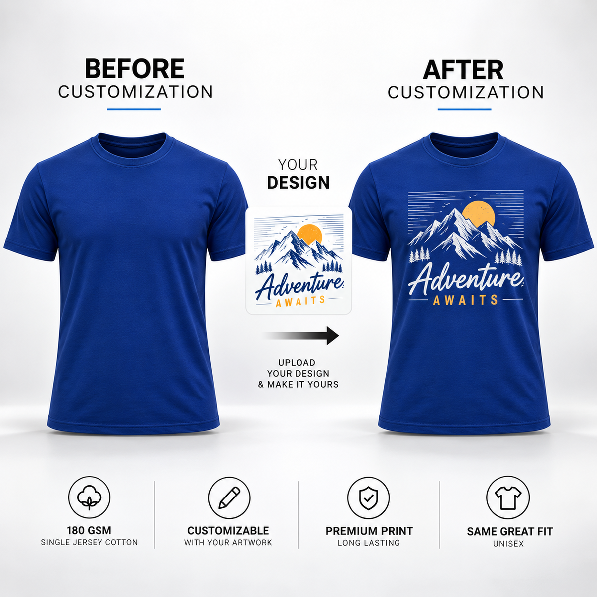 ARPITUM Unisex Customized Royal Blue T-Shirt - Personalize with Your Own Design/Artwork/Image