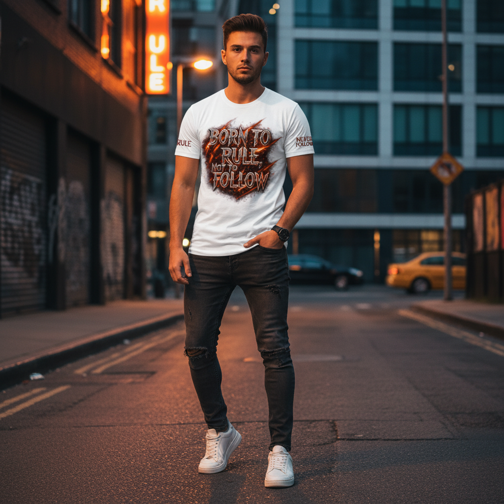 “Born To Rule, Not To Follow” Graphic T-Shirt | Motivational Streetwear Tee for Men (White)