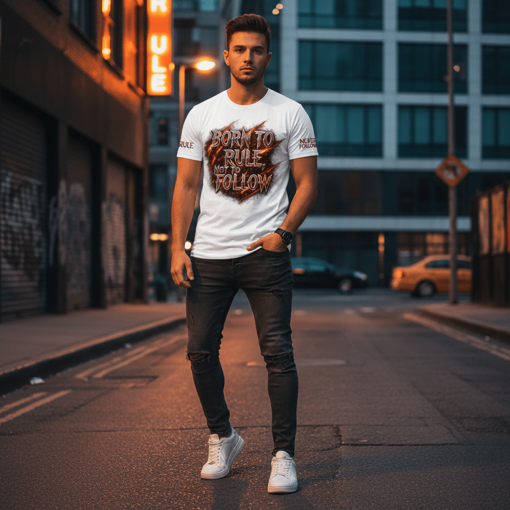 “Born To Rule, Not To Follow” Graphic T-Shirt | Motivational Streetwear Tee for Men (White) - ARPITUM