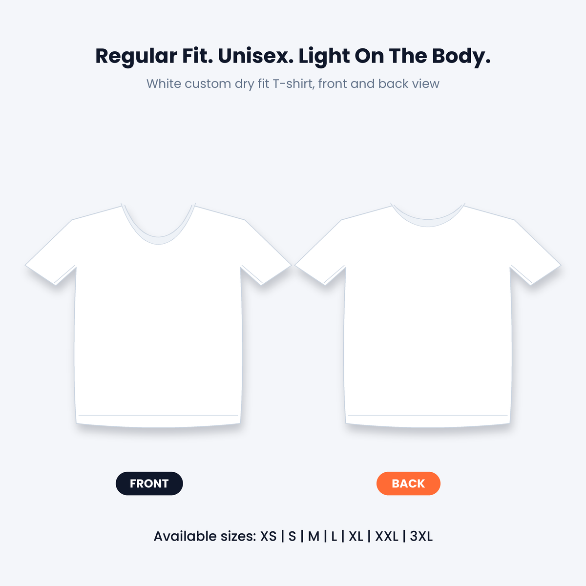 White custom dry fit t-shirt front and back view, regular fit unisex