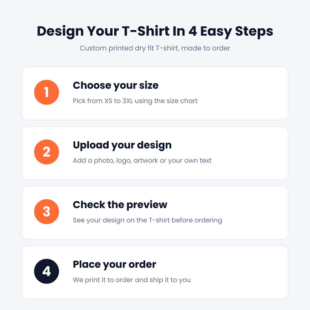 How to customize a dry fit t-shirt: choose size, upload design, preview and order
