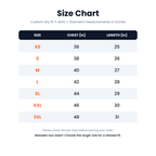 Custom dry fit t-shirt size chart XS to 3XL, chest and length in inches