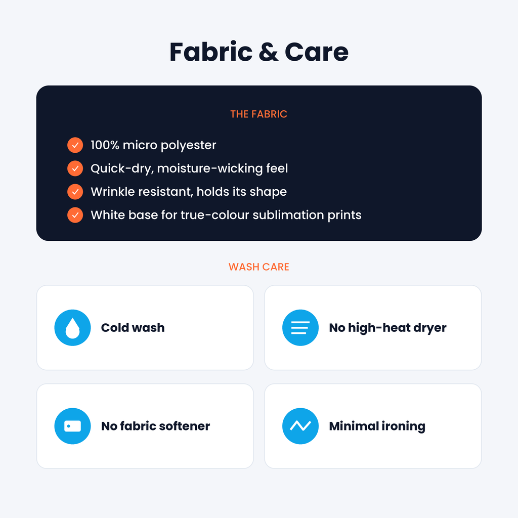Dry fit t-shirt fabric details and wash care instructions