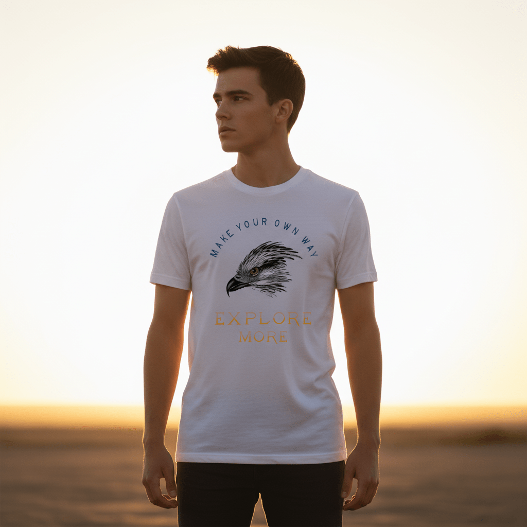 Explore More Graphic T-Shirt – Make Your Own Way Eagle Design | White - Polyester | Arpitum - ARPITUM