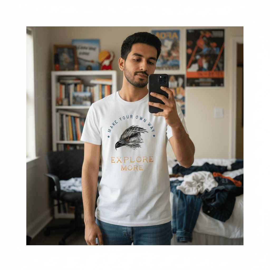 Explore More Graphic T-Shirt – Make Your Own Way Eagle Design | White - Polyester | Arpitum - ARPITUM