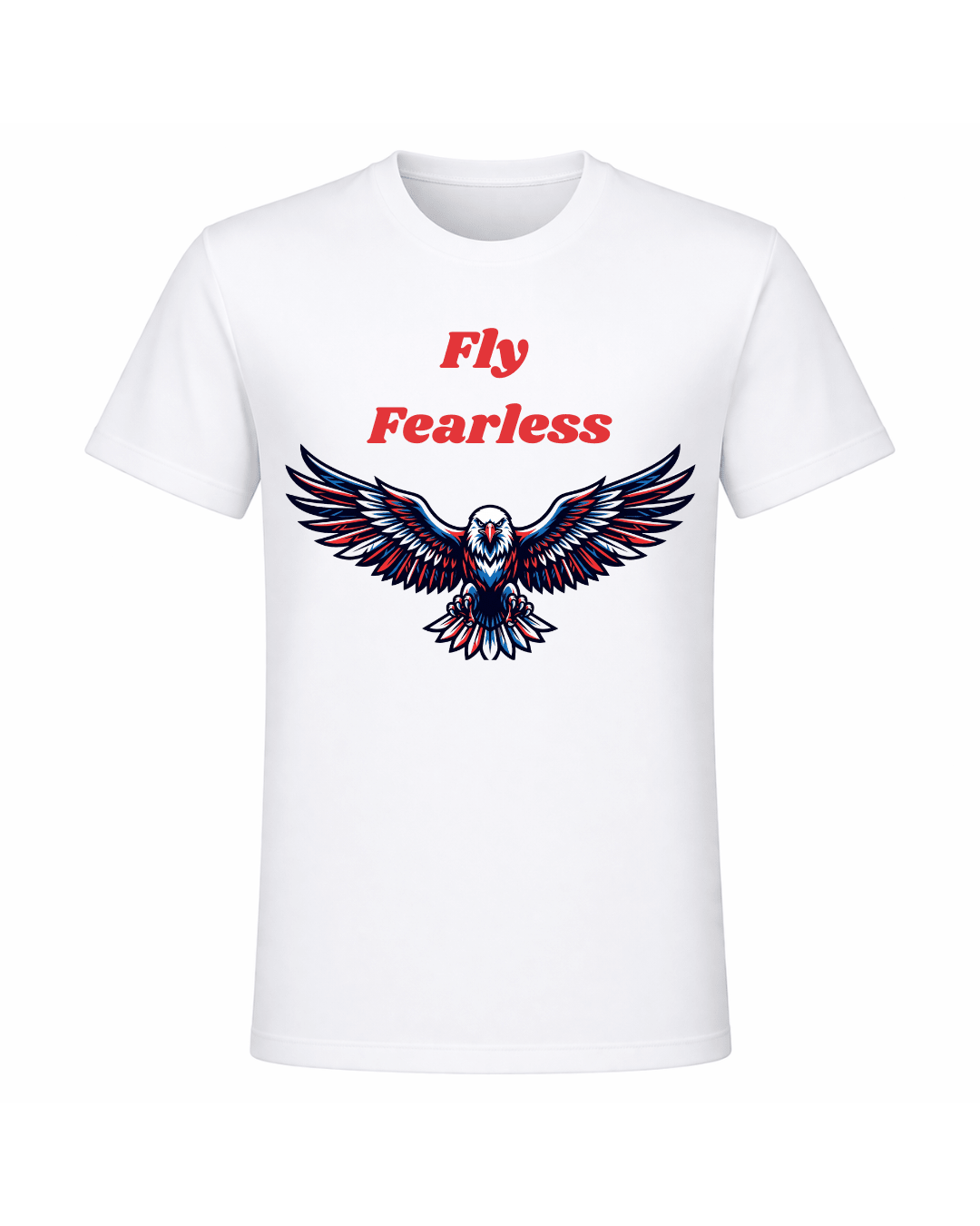 Fly Fearless white graphic t-shirt front view with bold eagle wings print in blue and red, clean white background product mockup photography