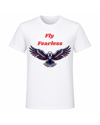 Fly Fearless white graphic t-shirt front view with bold eagle wings print in blue and red, clean white background product mockup photography