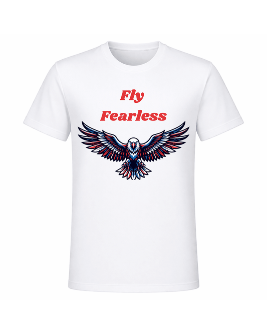 Fly Fearless white graphic t-shirt front view with bold eagle wings print in blue and red, clean white background product mockup photography