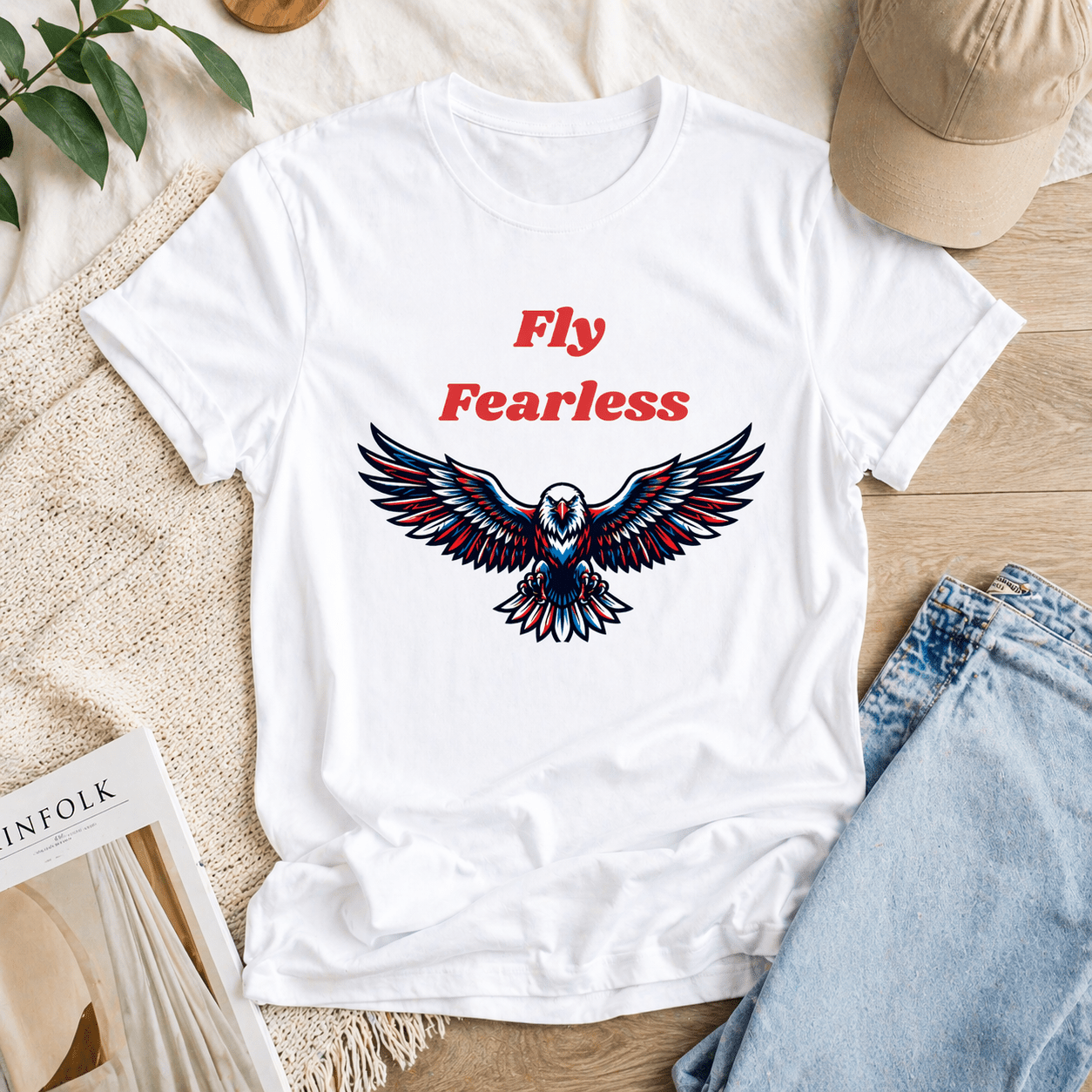 Fly Fearless white cotton t-shirt flat lay with eagle graphic print, styled lifestyle product photography with natural background