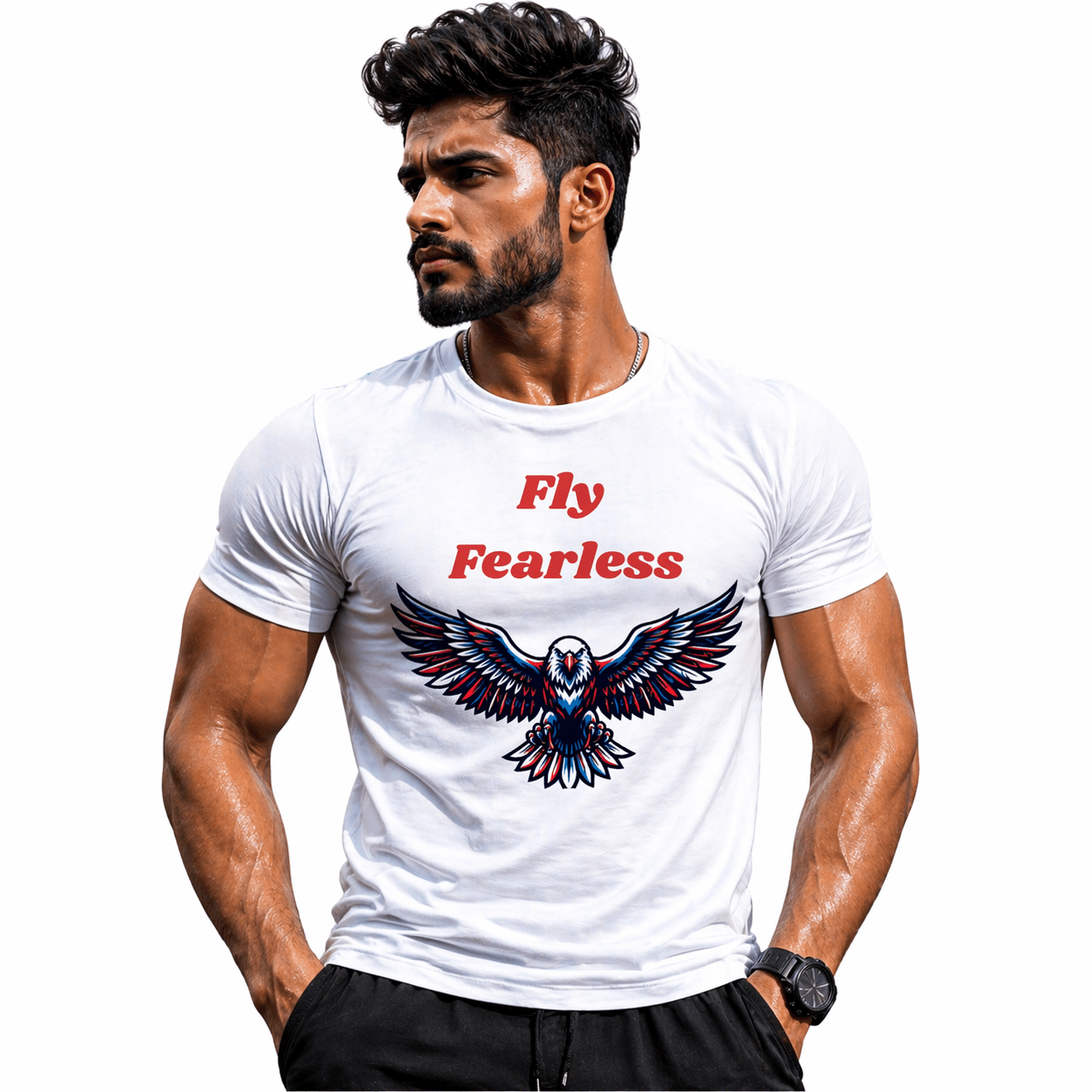 Fit male model wearing Fly Fearless white cotton t-shirt with spread eagle graphic print, studio lifestyle fashion photography front view