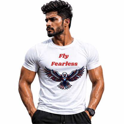 Fit male model wearing Fly Fearless white cotton t-shirt with spread eagle graphic print, studio lifestyle fashion photography front view