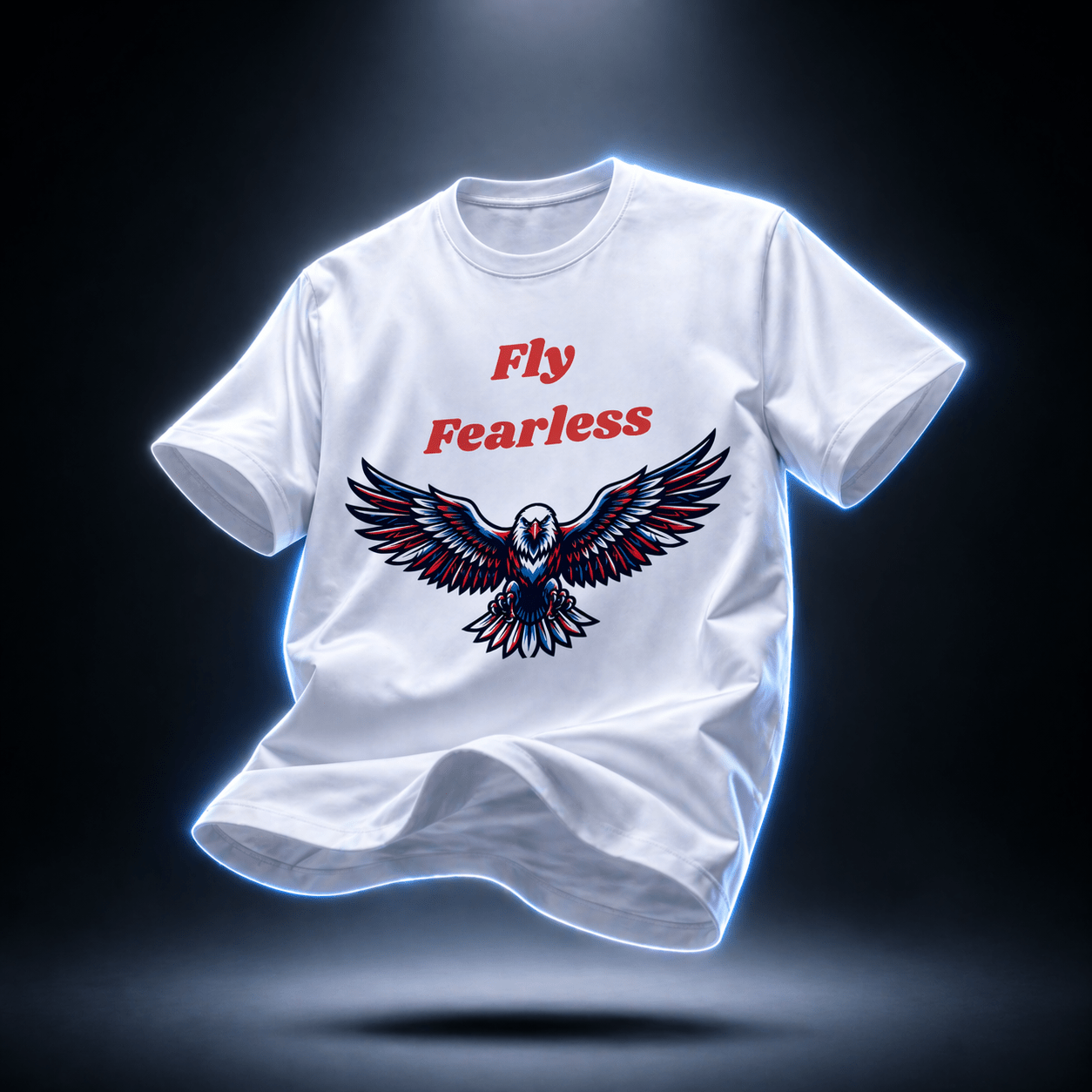 Fly Fearless white graphic t-shirt with eagle wings print displayed on dark dramatic studio background, premium product photography
