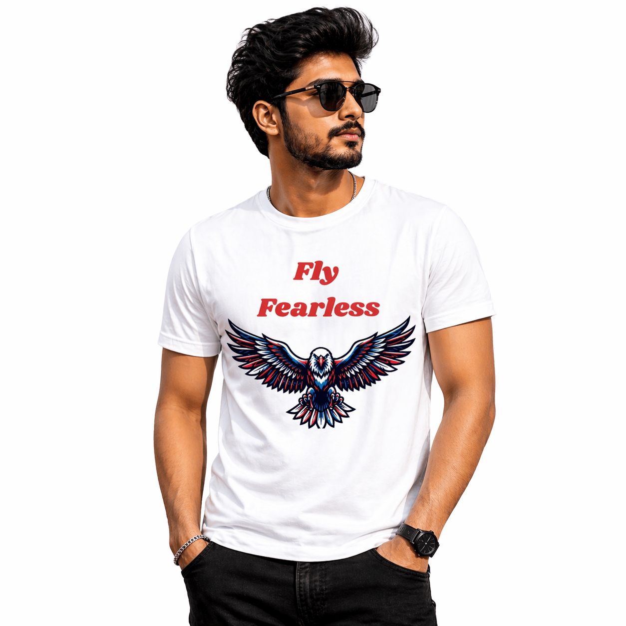 Man wearing a white t-shirt with an eagle design and 'Fly Fearless' text on a white background