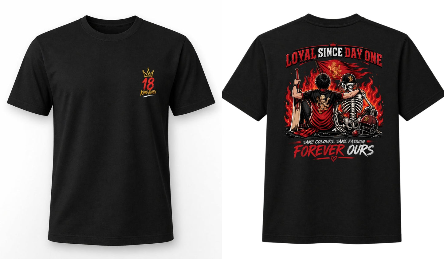 King Kohli 18 black oversized t-shirt front and back view showing gold crown chest logo and Loyal Since Day One full graphic back print, flat ghost mockup