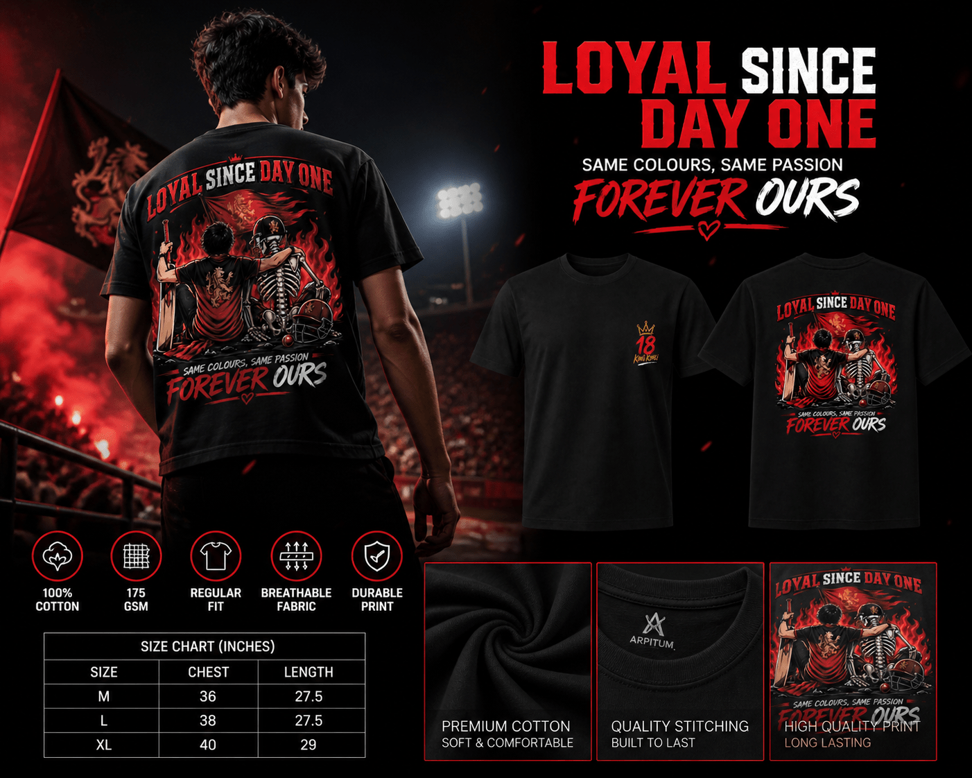 Loyal Since Day One King Kohli 18 black oversized t-shirt product infographic showing graphic design details size chart fabric specs and features on dark background
