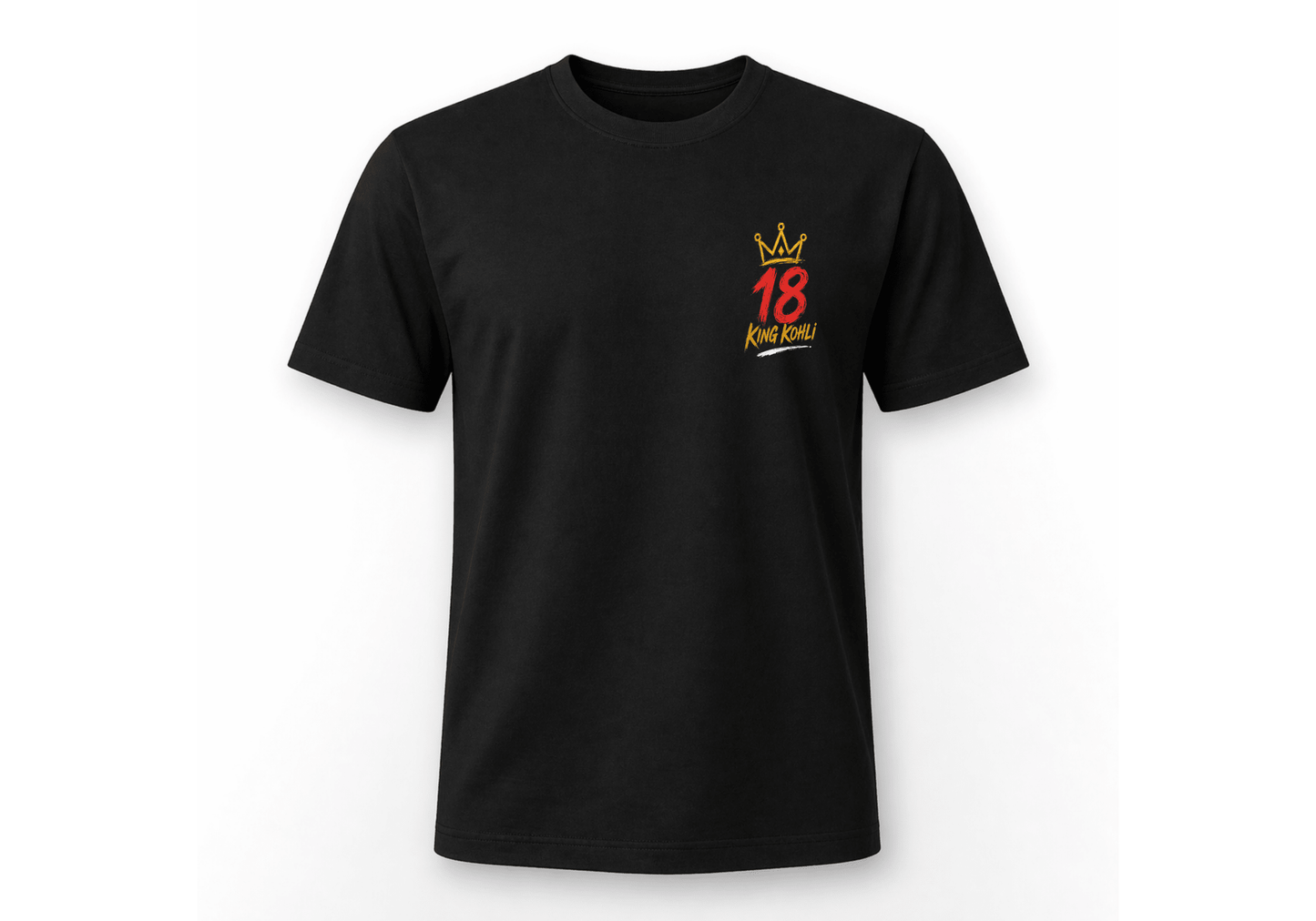 King Kohli 18 black oversized cricket fan t-shirt front view with gold crown chest logo, clean white background flat ghost mockup product photography