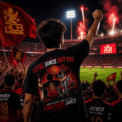 Indian male model wearing Loyal Since Day One black oversized graphic t-shirt at cricket stadium with crowd and floodlights in background, fan lifestyle photography
