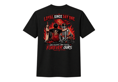 Loyal Since Day One black oversized t-shirt back view showing full graphic print with cricketer skeleton warrior red lion flag and Forever Ours text, ghost mockup