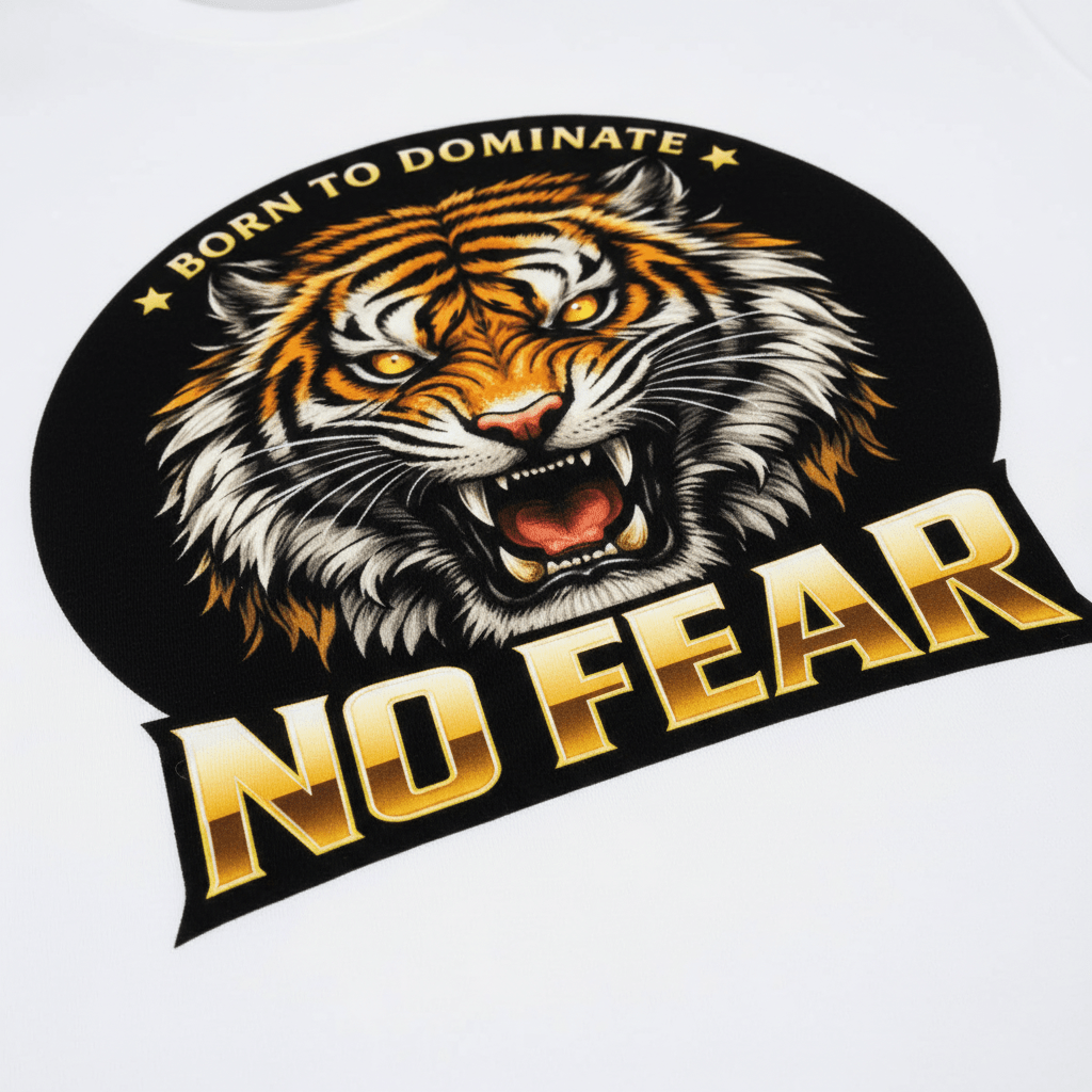 No Fear Tiger Graphic T-Shirt – Born To Dominate Print | White - Polyester | Arpitum - ARPITUM