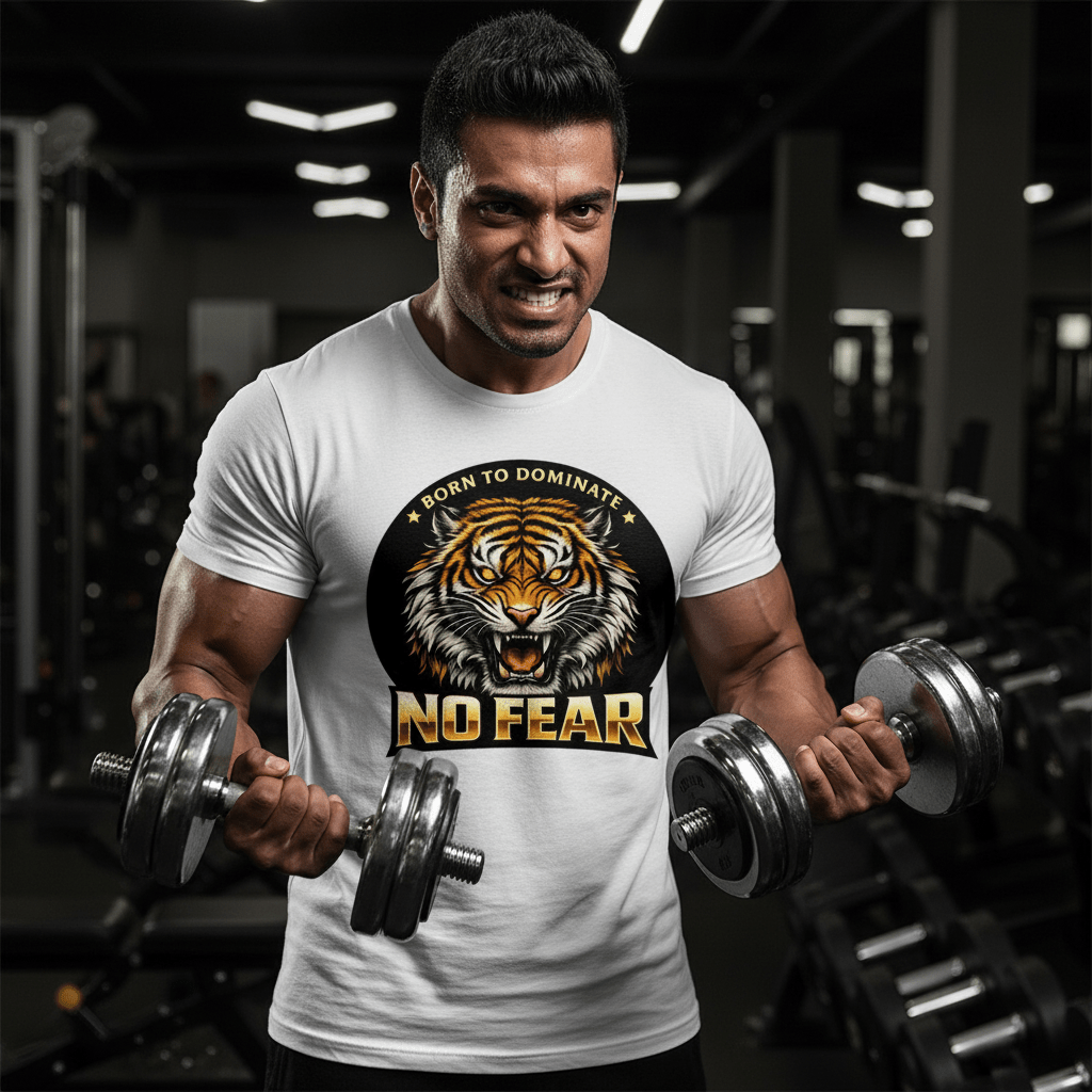 No Fear Tiger Graphic T-Shirt – Born To Dominate Print | White - Polyester | Arpitum - ARPITUM