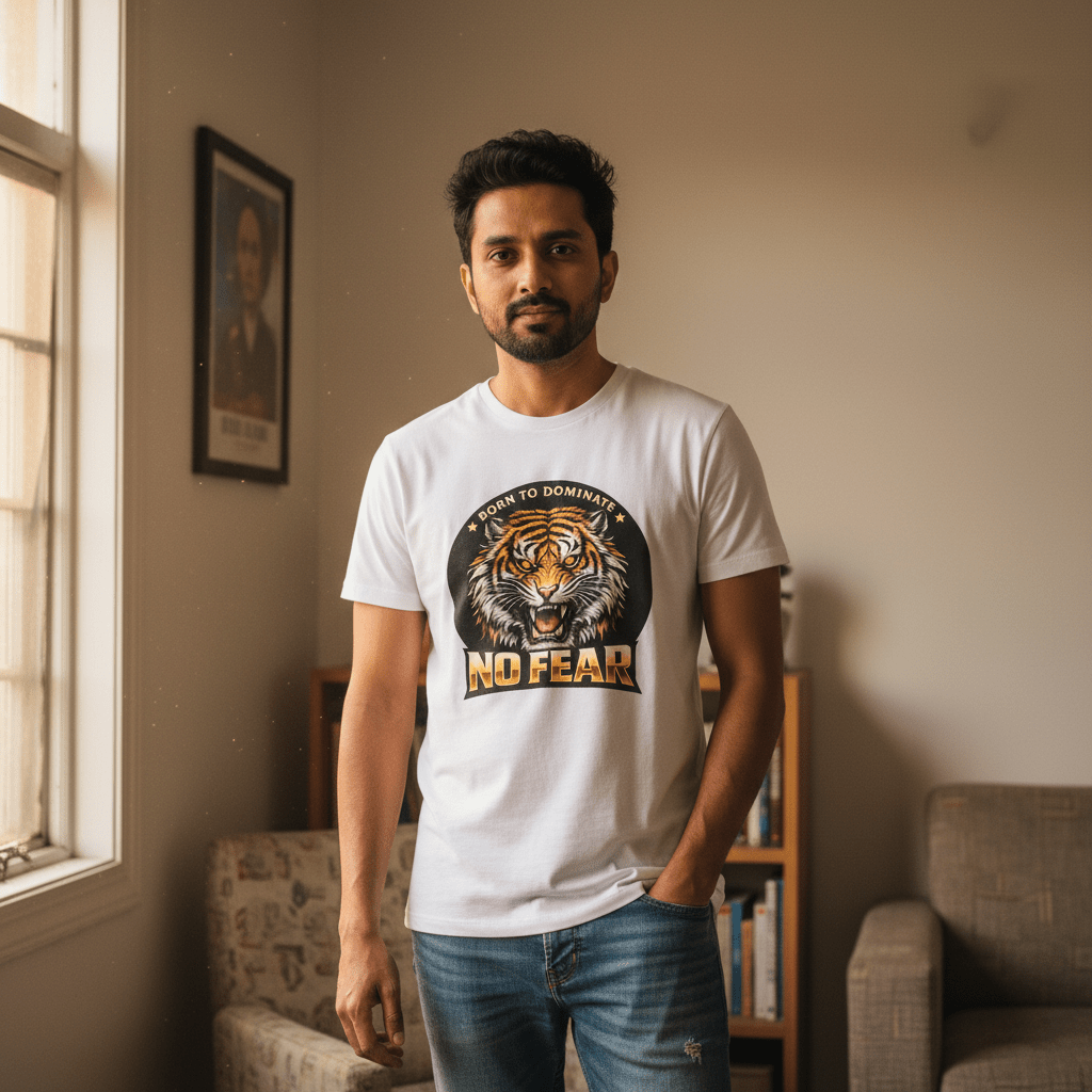No Fear Tiger Graphic T-Shirt – Born To Dominate Print | White - Polyester | Arpitum - ARPITUM